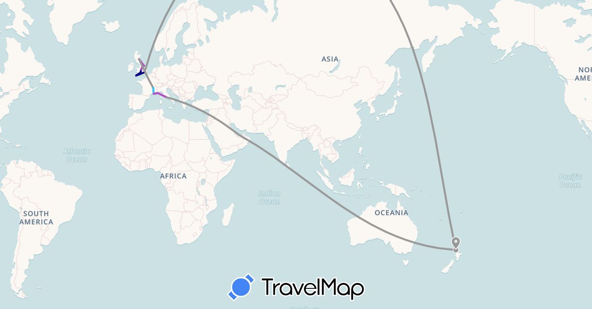 TravelMap itinerary: driving, plane, train, boat in United Arab Emirates, France, United Kingdom, Italy, New Zealand (Asia, Europe, Oceania)